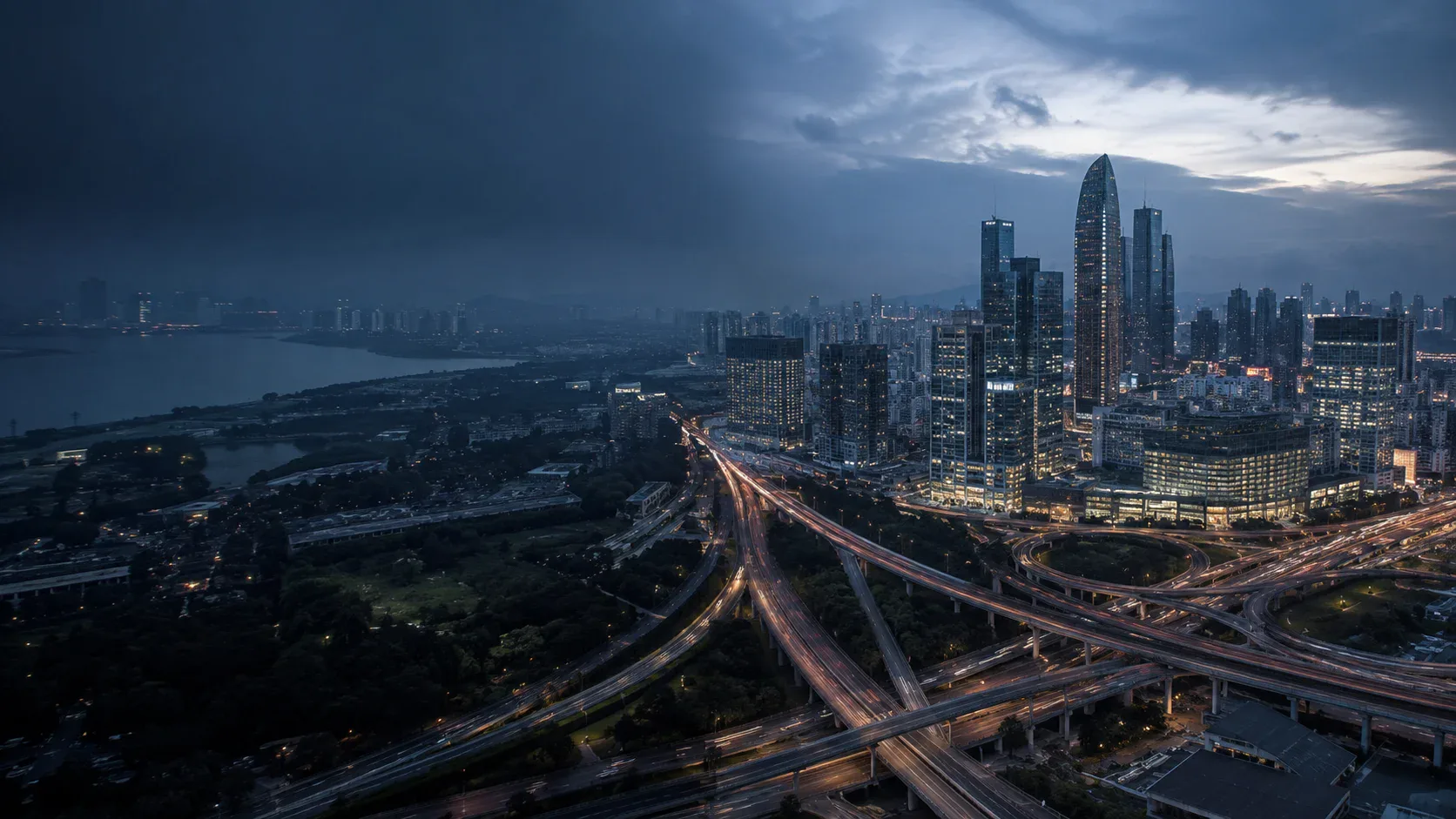AI-generated city panorama at blue hour
