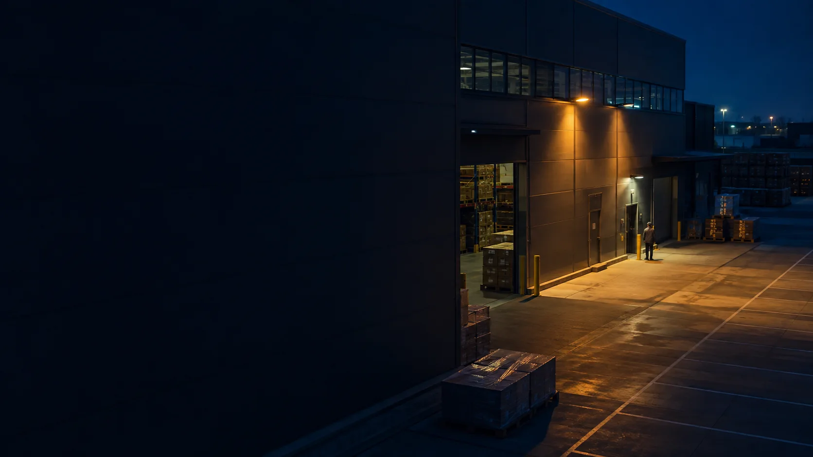 AI-generated warehouse loading dock at night